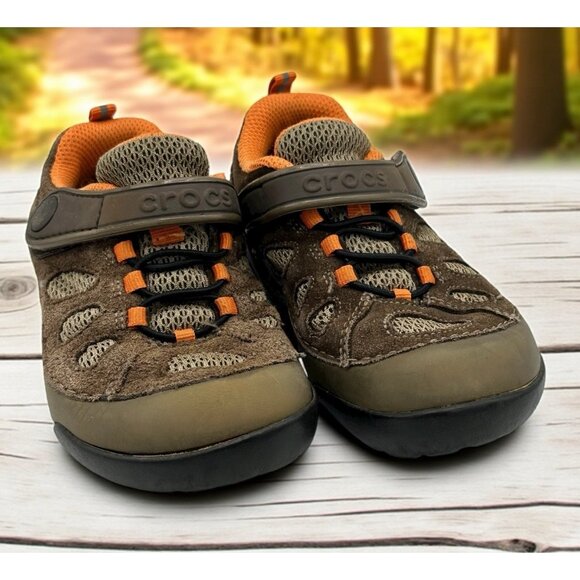 Crocs Dawson Shoes Boys Brown Orange Size 11 #14498 Suede Hook & Loop Closure - Picture 1 of 9